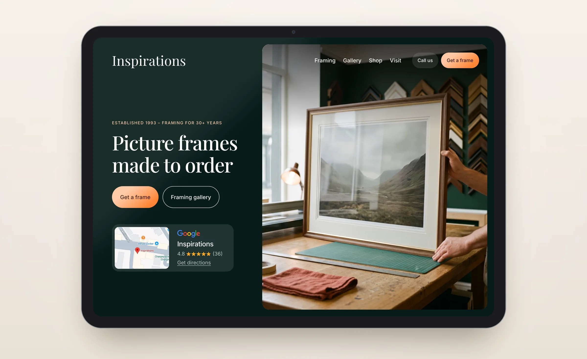 The Inspirations website on a tablet