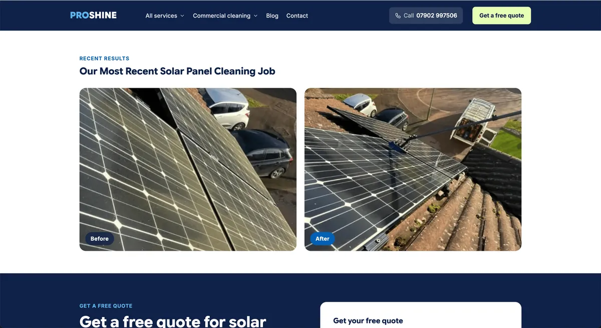 A before and after of a solar panel cleaning job on the Proshine site