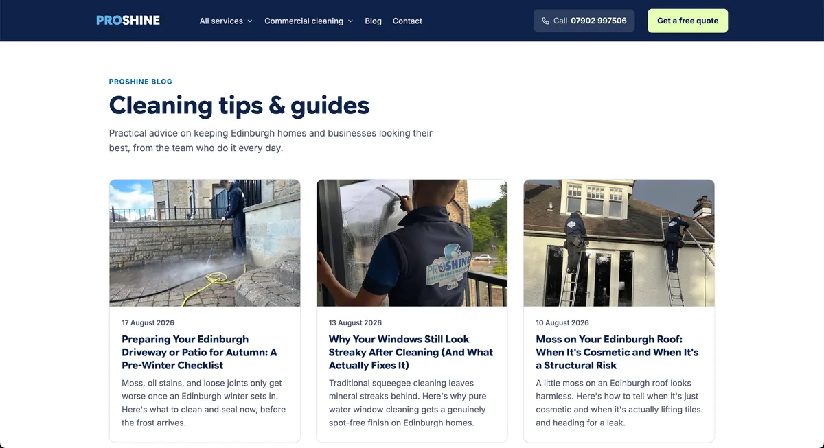 The Proshine blog index, showing cleaning guides