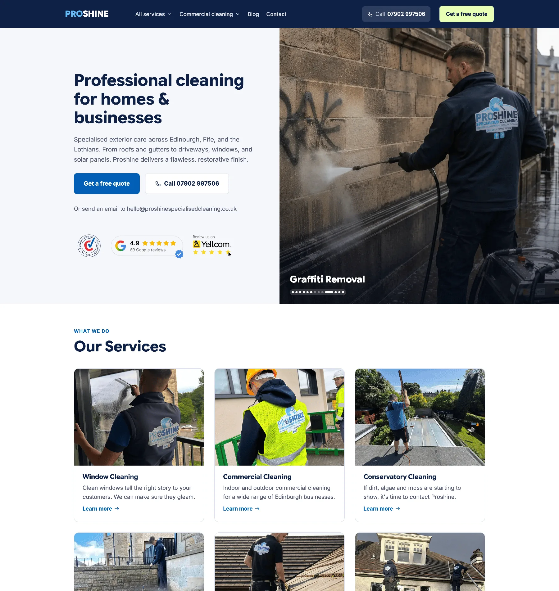 The Proshine Specialised Cleaning homepage we designed and built, from the hero through the services grid