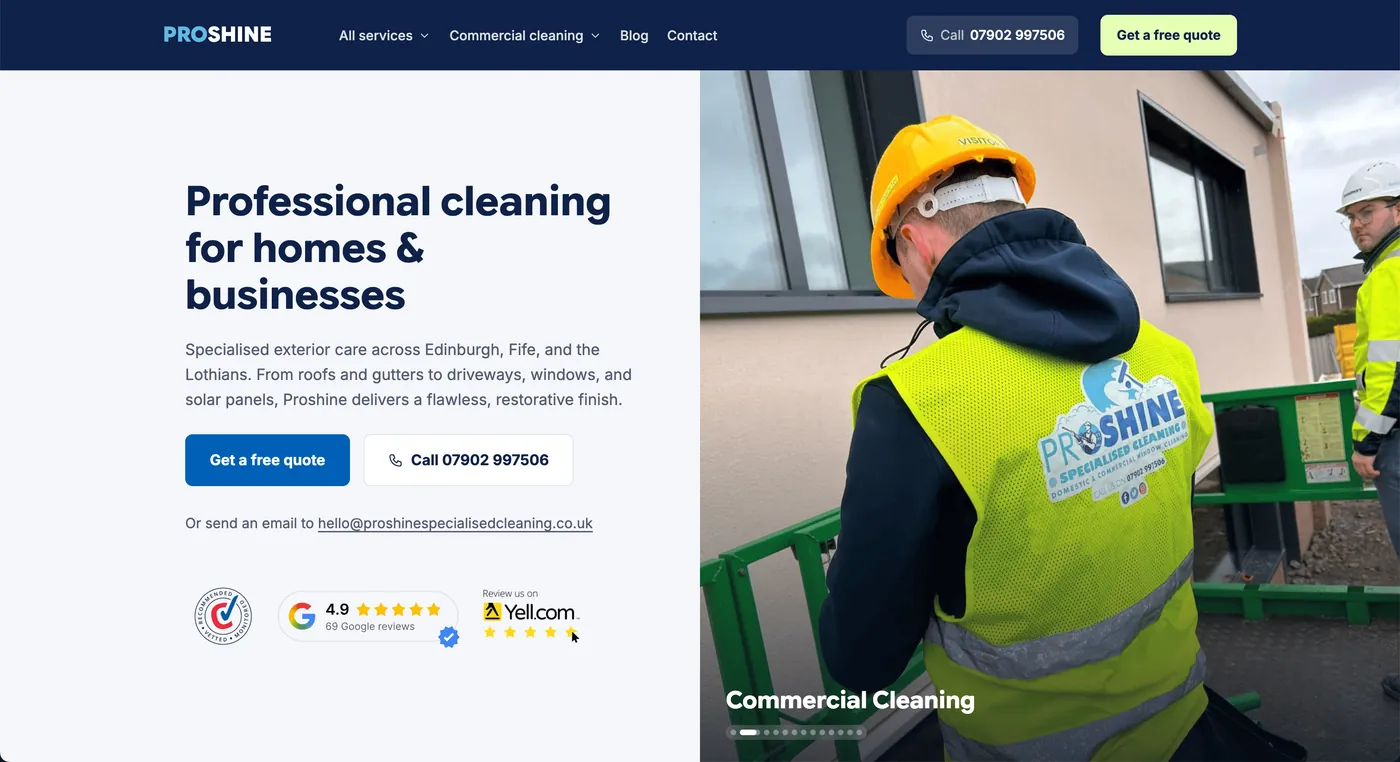 The Proshine Specialised Cleaning website's home page