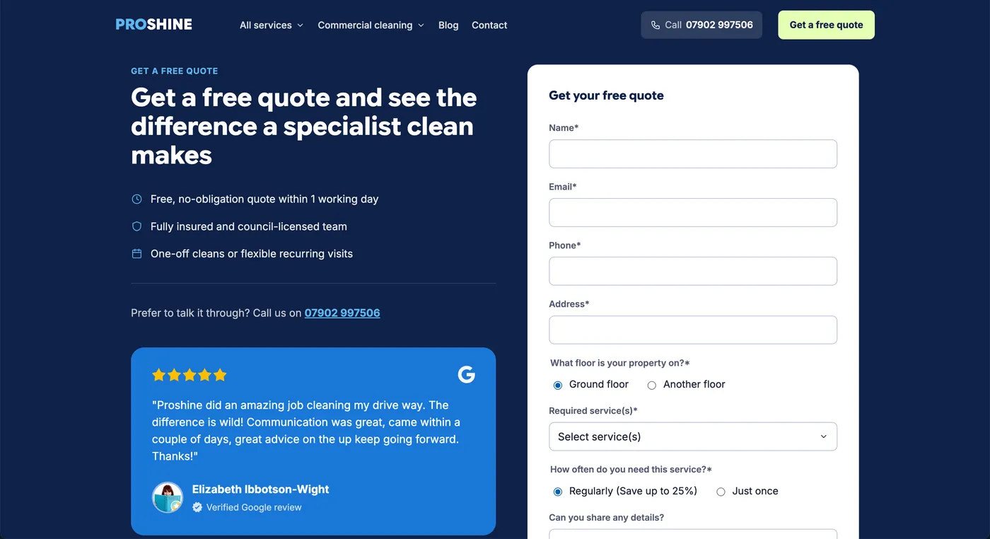 The Proshine quote request form, with the fields a cleaning quote needs