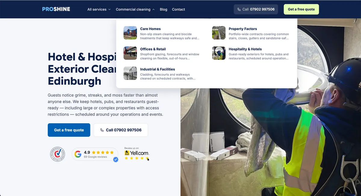 Commercial sector pages for care homes, property factors, offices, hospitality and industrial
