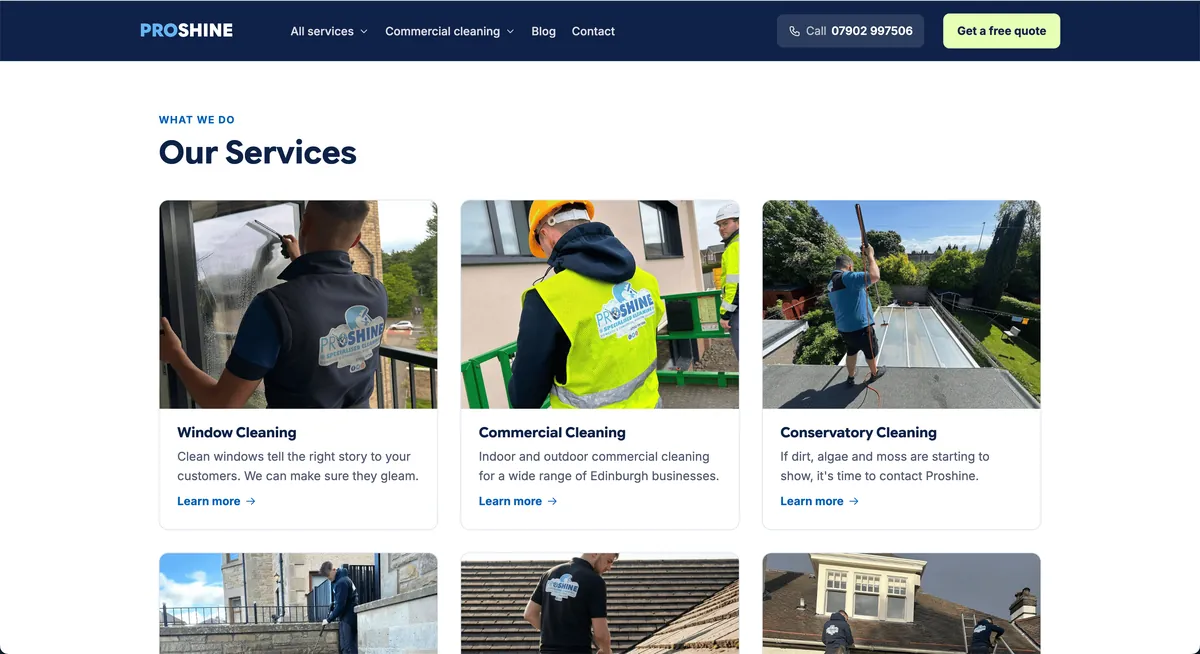 The services grid on the Proshine site, one card per cleaning service
